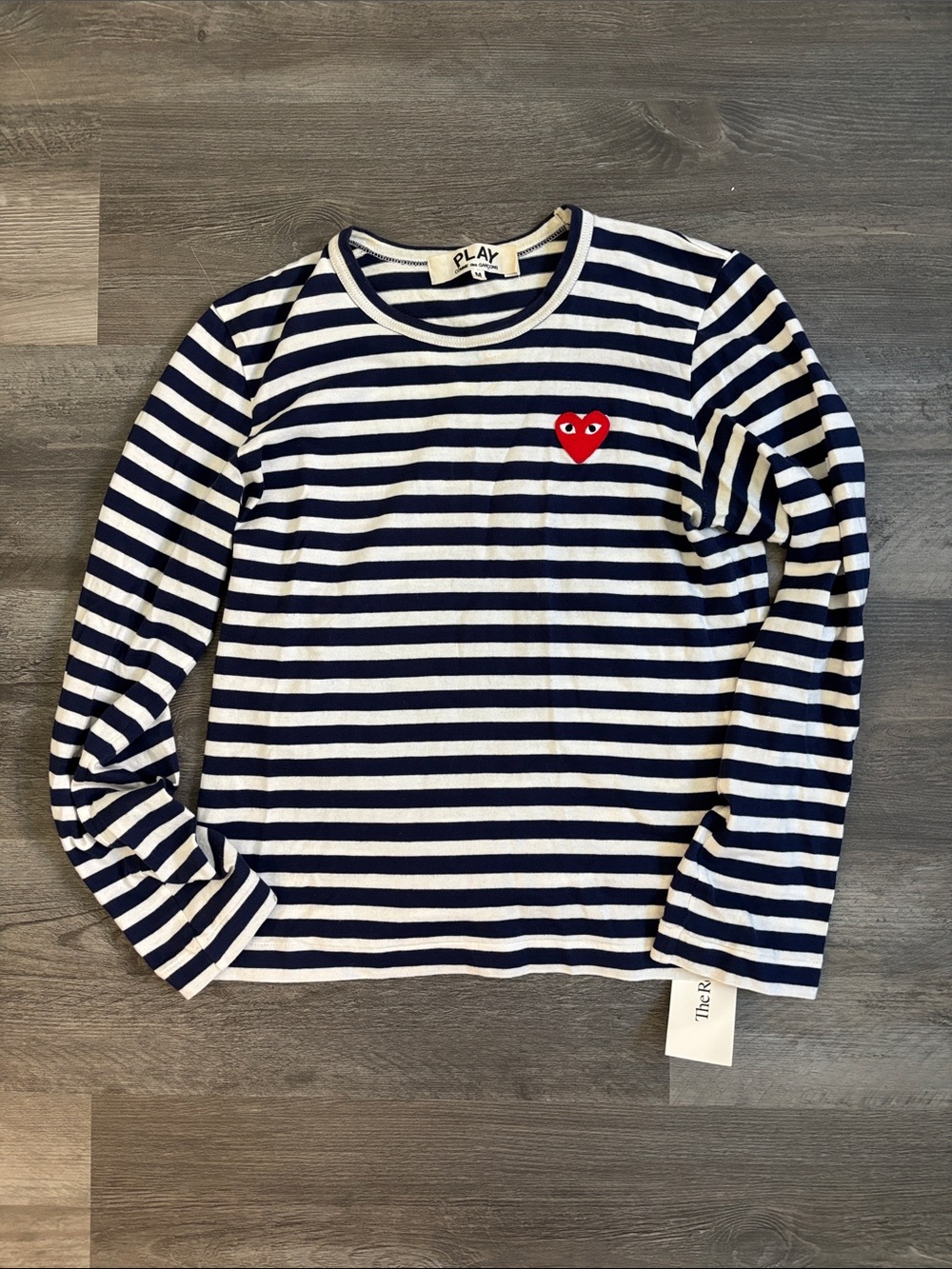 Comme des Garcons PLAY Navy & White Striped Long-Sleeve Tee with Red Heart